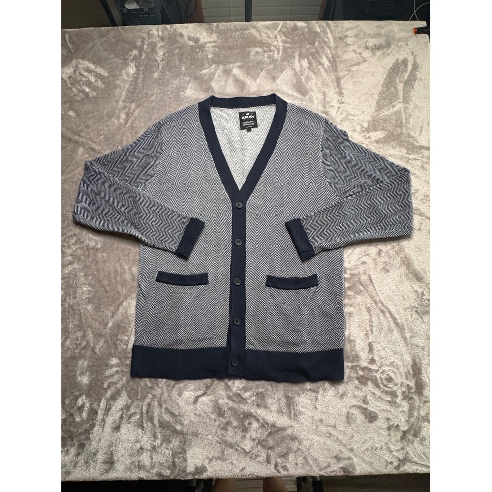 XRAY Jeans Mens XXL Cardigan Sweater Navy Blue Herringbone Knit Grandpa Preppy